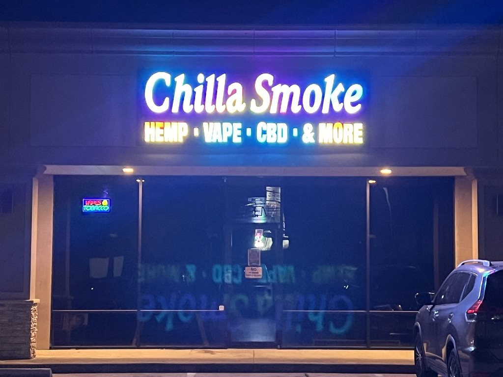 Chilla Smoke storefront sign in Tomball, Texas